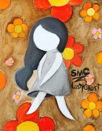 Oil painting of a grayscale stick figure with long hair and a skirt. Flowers are in the background.