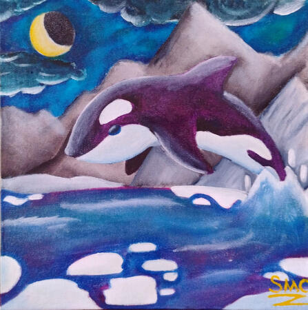 Oil painting of an orca leaping out of icy water.