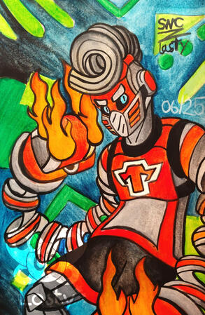 Springtron threatens the viewer with an ignited Toaster glove.