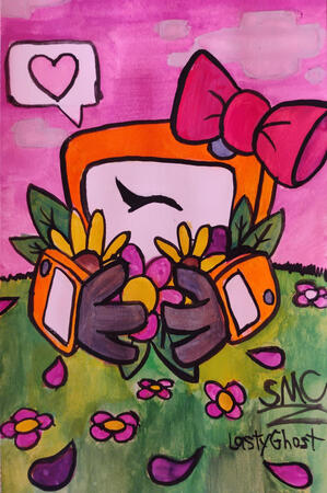 Watercolor painting of an orange dialog box with a red bow hugging flowers.