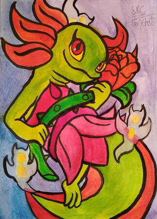 Watercolor painting of a green axolotl holding a rose. Sea angels swim around it.