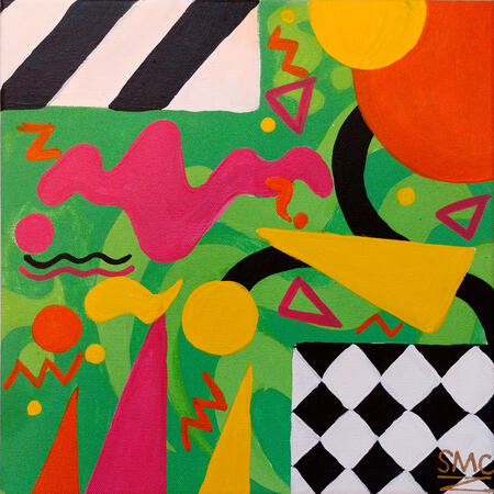 Acrylic, 80s-style painting featuring scribbles, shapes, and black-and-white patterns.