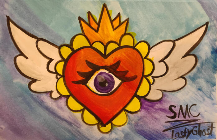 Watercolor painting of a cycloptic heart with wings and a crown.