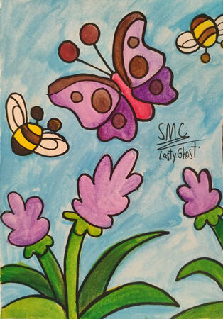 Watercolor painting of a purple butterfly and a bee flying over lavenders.