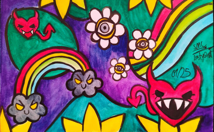 Watercolor, pop art painting of fuchsia hearts with fangs and devil horns, cycloptic flowers, and storm clouds forming a rainbow.